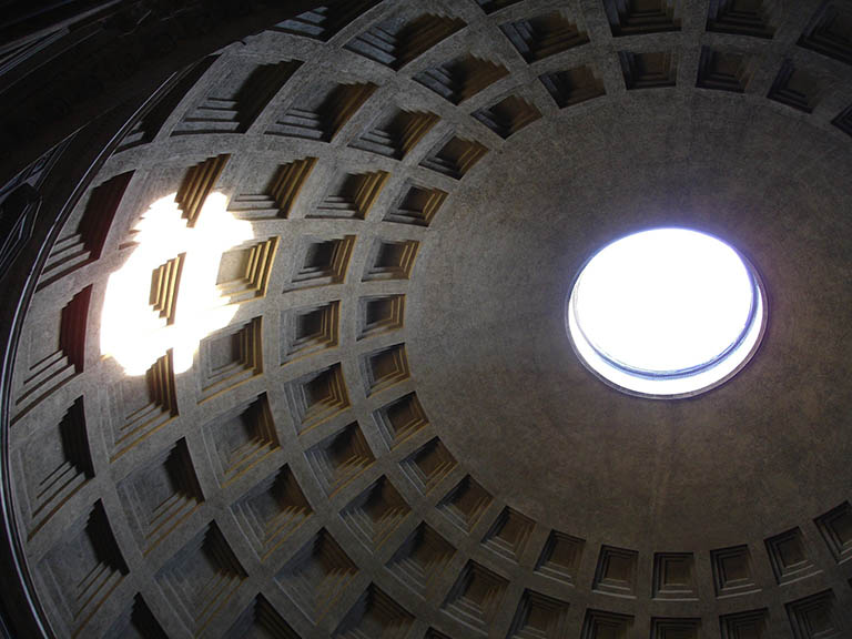 The roof of the Pantheon in Rome, Italy, with sunl