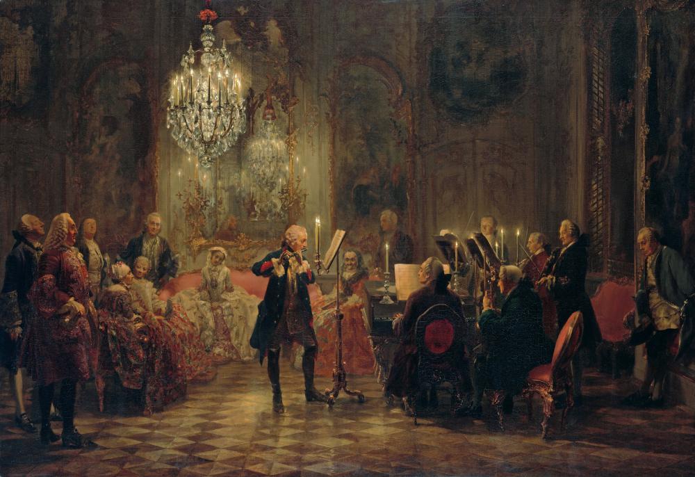 1852 painting of Friedrich II playing the flute un